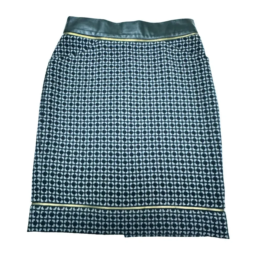 Etcetera Women's Gray Black Tweed Leather Trim Below Knee Pencil Skirt Sz M